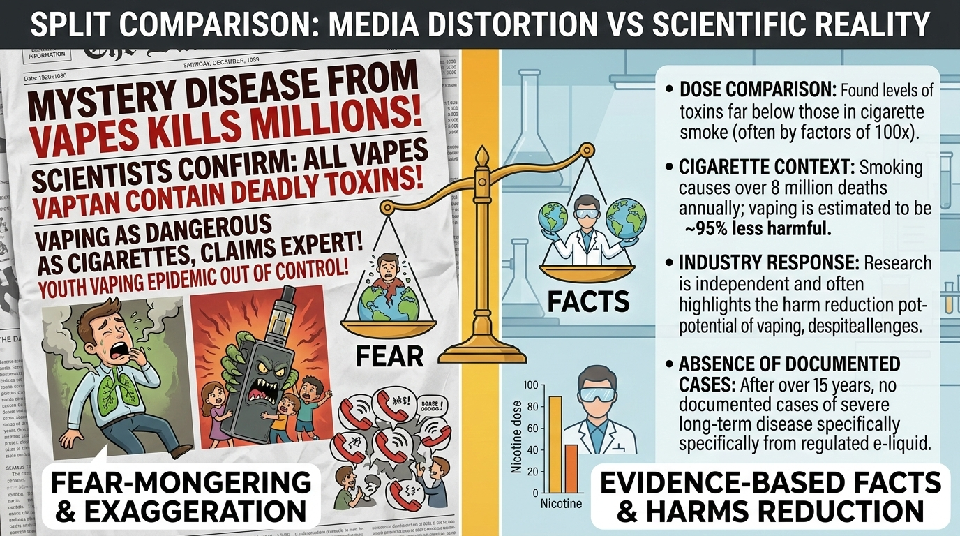 Split comparison showing media distortion vs scientific facts about popcorn lung and vaping, with dose comparison and cigarette context for diacetyl in e-liquids