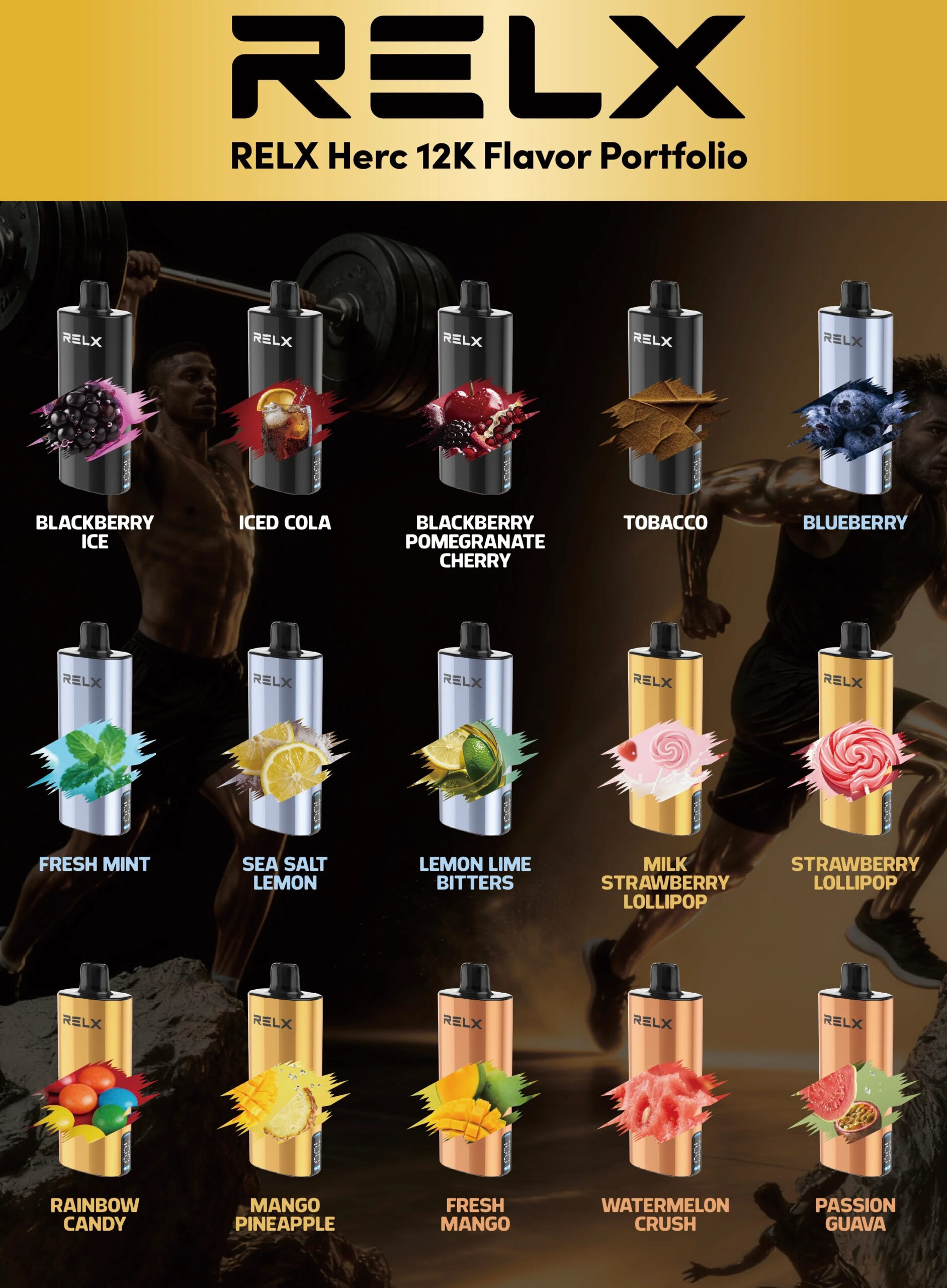 RELX HERC 12000 flavor lineup showing over 15 options including Fresh Mint, Iced Cola, Blueberry Lemon, Blackberry Ice, Mango Pineapple, and Watermelon Crush