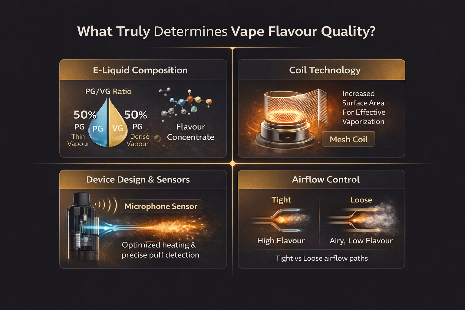 Four factors that matter more than battery size vs flavour: e-liquid composition, mesh coil technology, device sensors, and airflow control