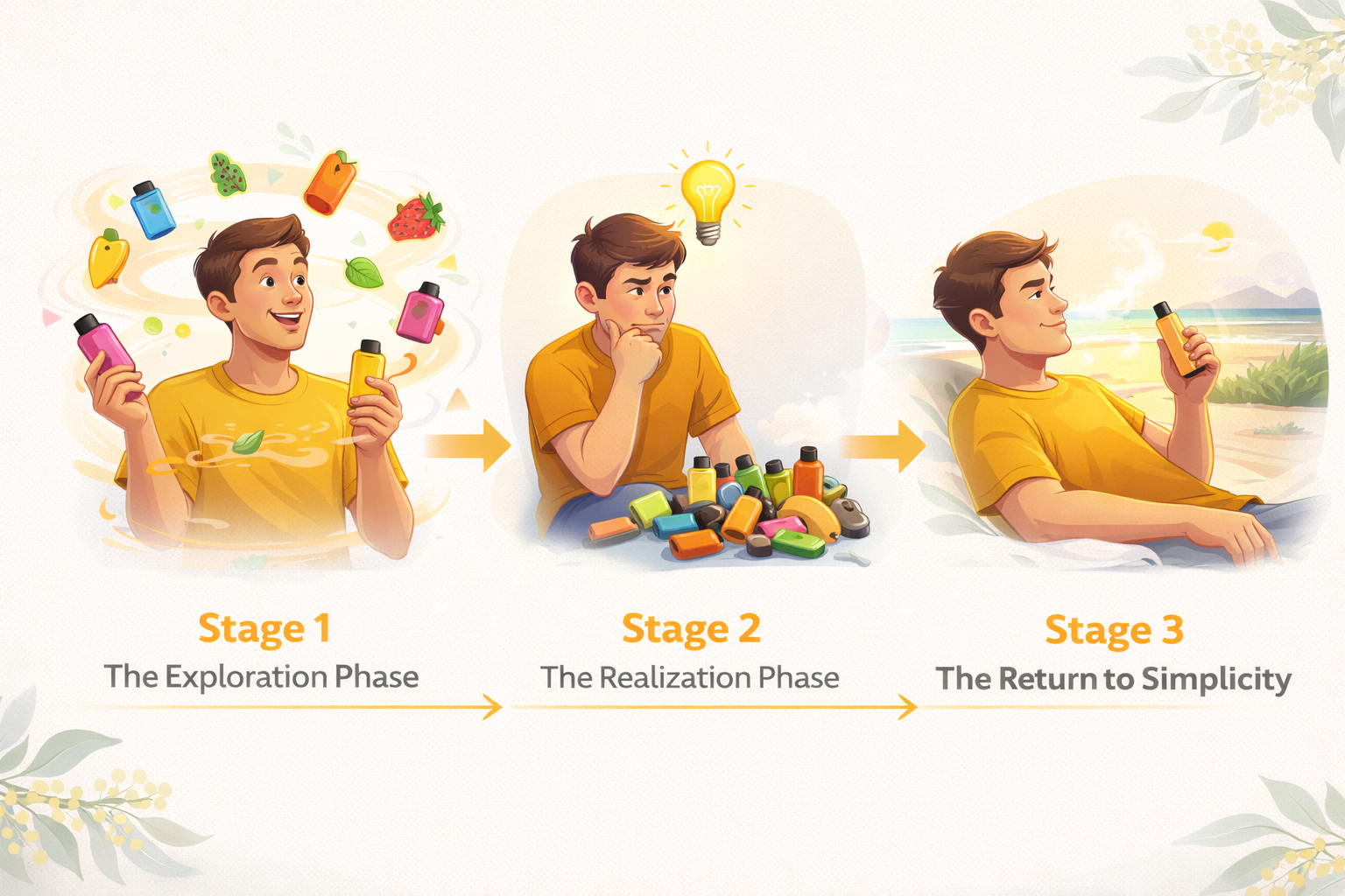 Three-stage journey showing vaper evolution from pod exploration to realization to returning to premium disposables for simplicity