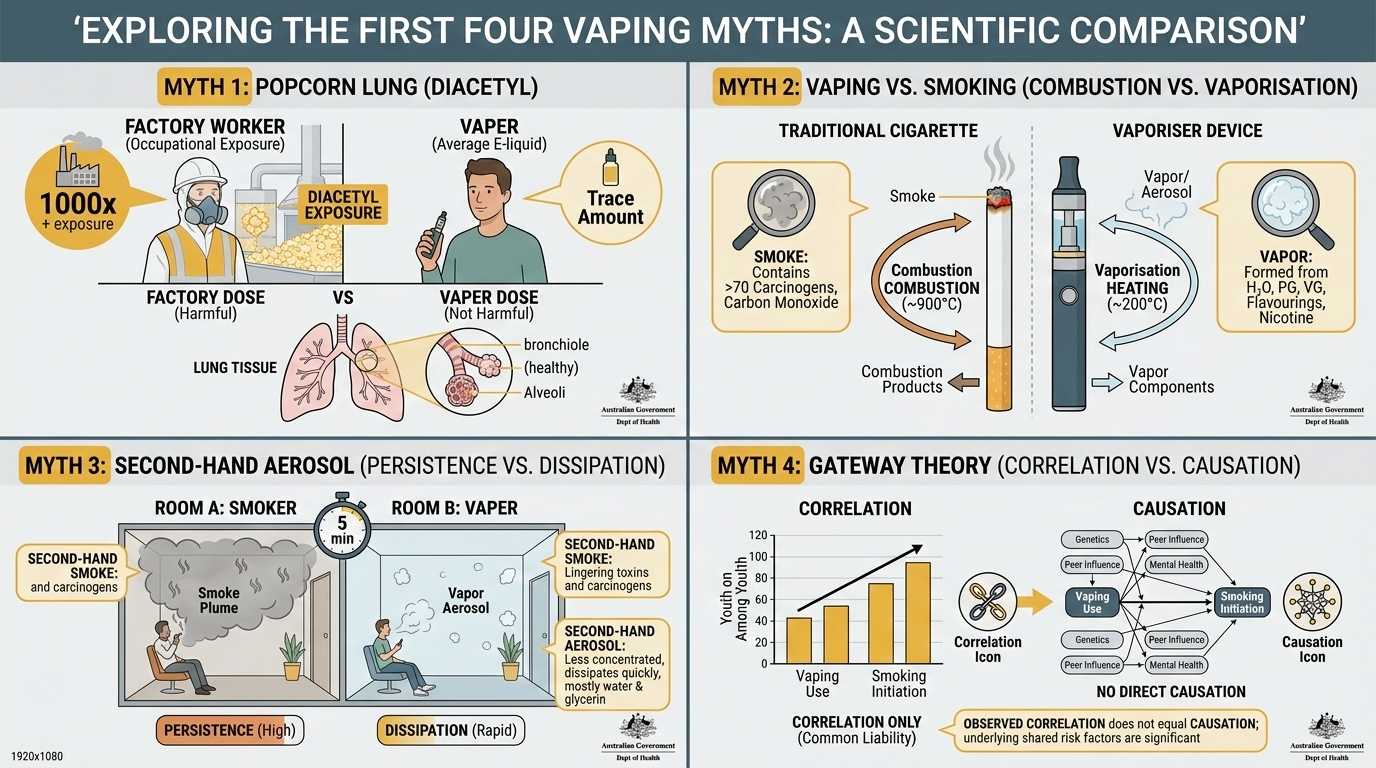 Detailed comparison for vaping myths 1-4 including popcorn lung, vaping vs smoking, second-hand aerosol, and gateway theory with facts vs fear