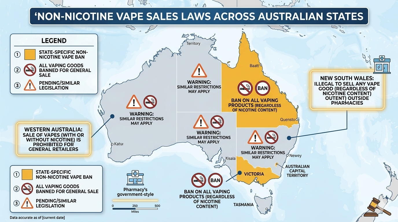 Australia map infographic showing state laws banning non-nicotine vape sales outside pharmacies under 2026 legal vape purchase Australia regulations