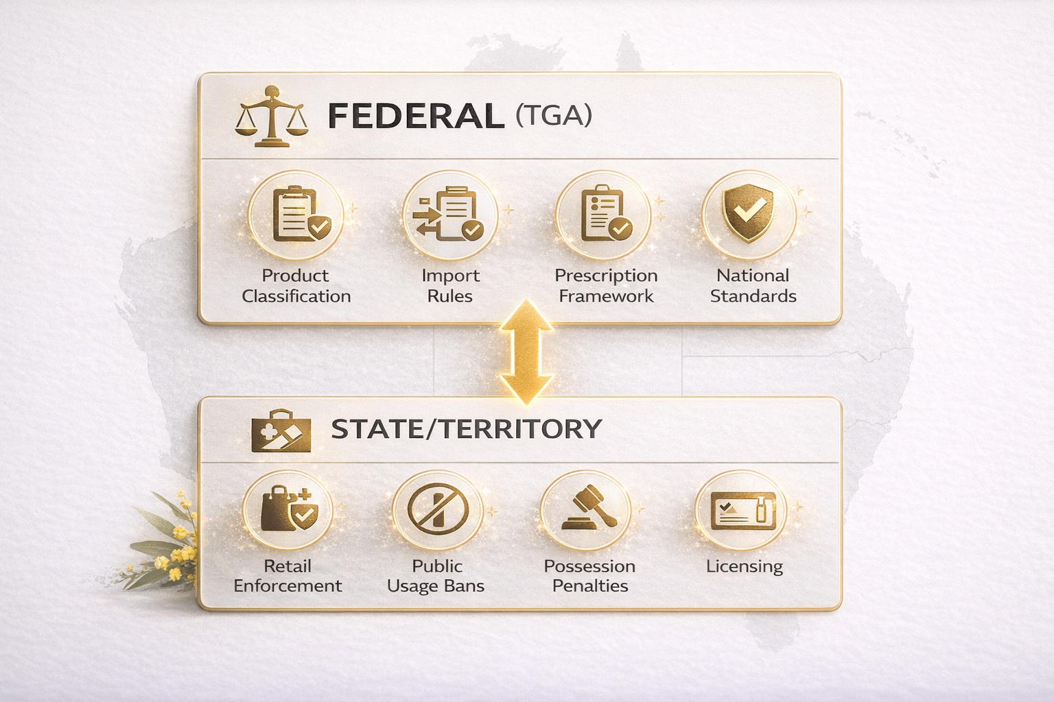 Diagram showing Australia's dual regulatory framework for vaping under Australia's vape laws 2026: federal TGA controls product classification and imports, states enforce retail bans