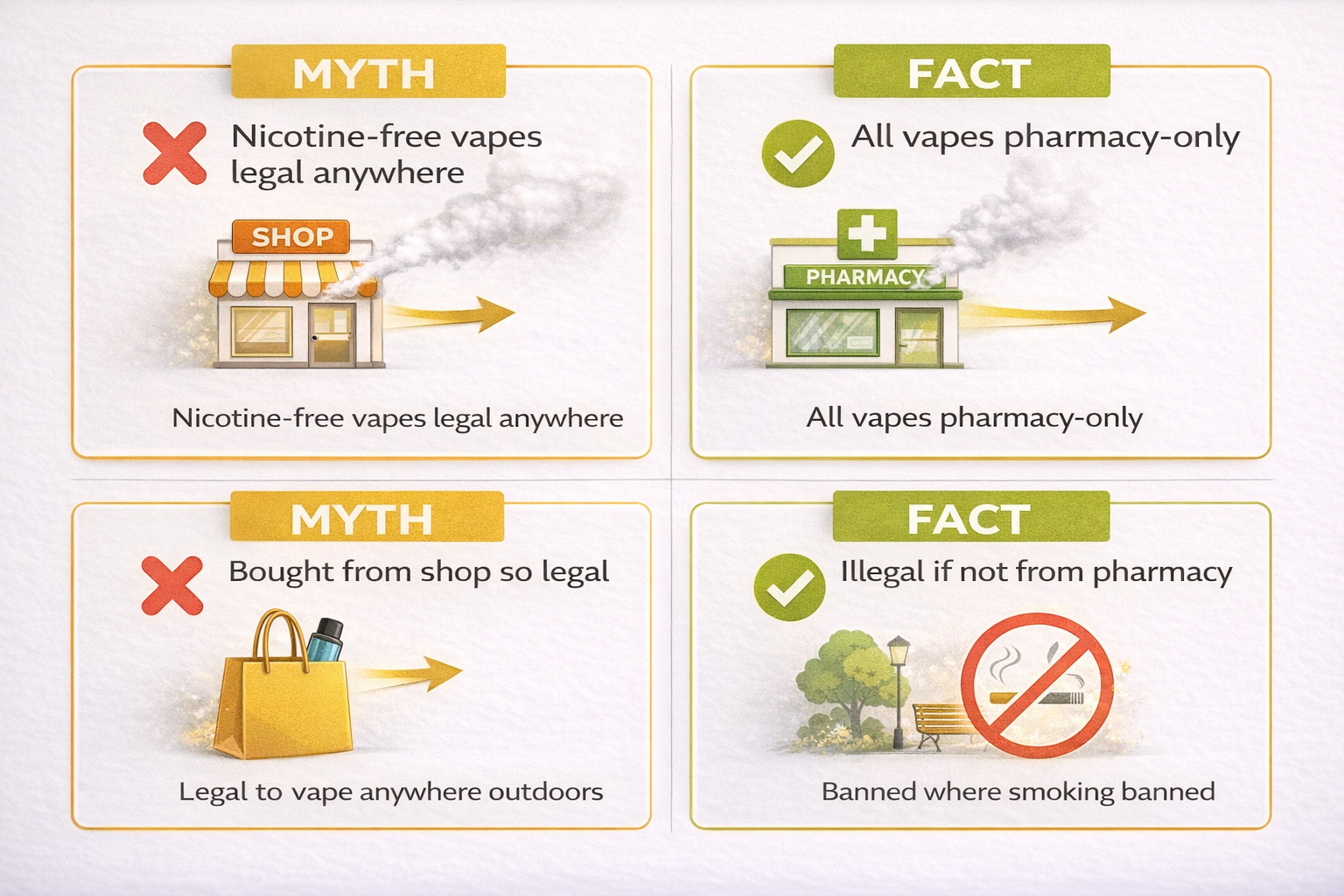 Myth vs fact infographic debunking common misconceptions about Australia vape laws 2026: nicotine-free vapes, retail purchases, and public vaping rules