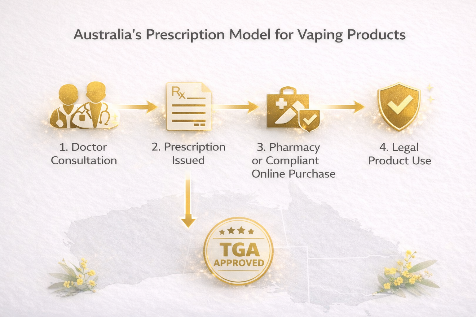 Australia vape prescription model guide flowchart showing doctor consultation, prescription, pharmacy purchase, and legal use steps with TGA approval