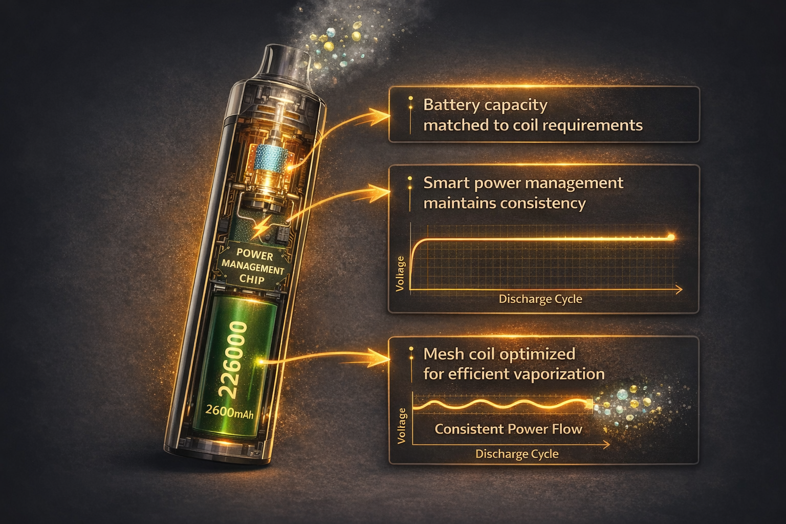Technical cutaway showing balanced design where battery size vs flavour is optimised through smart power management, consistent power delivery, and matched coil system