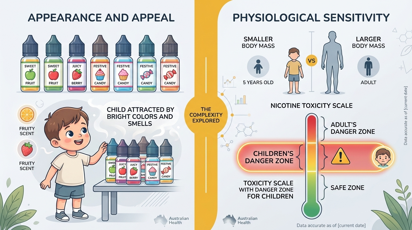 Why children are vulnerable to e-liquid ingestion: appealing fruit flavors and smaller body mass increasing nicotine poisoning risk, shown with abstract symbols