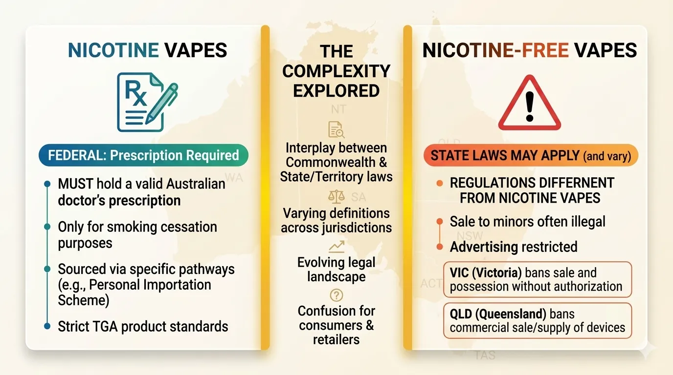 Nicotine-free vs nicotine vapes Australia guide for tourists comparing federal nicotine rules and state-level complexities for zero-nicotine devices