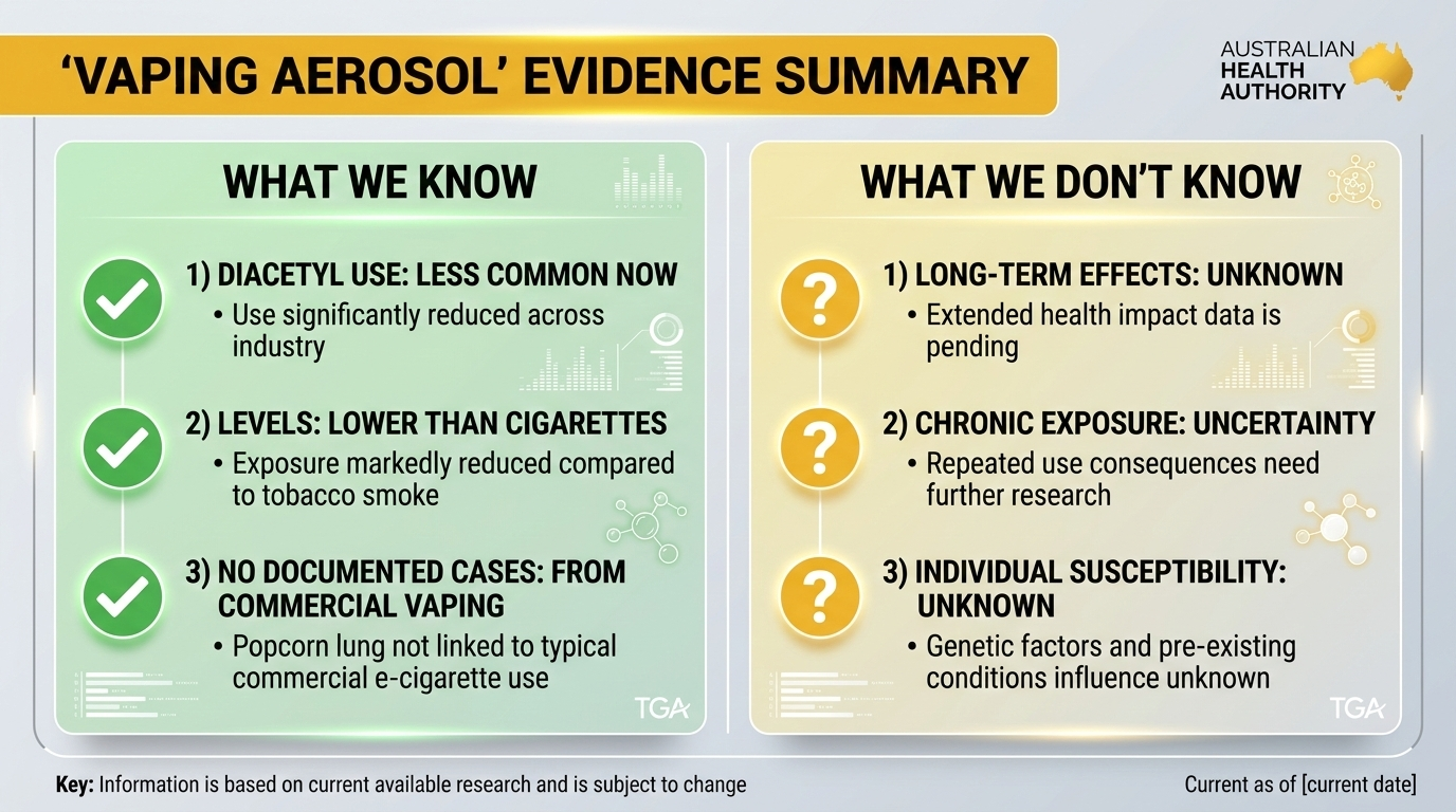 Evidence summary infographic for popcorn lung and vaping showing what we know and don't know about diacetyl in e-liquids and vaping lung risks