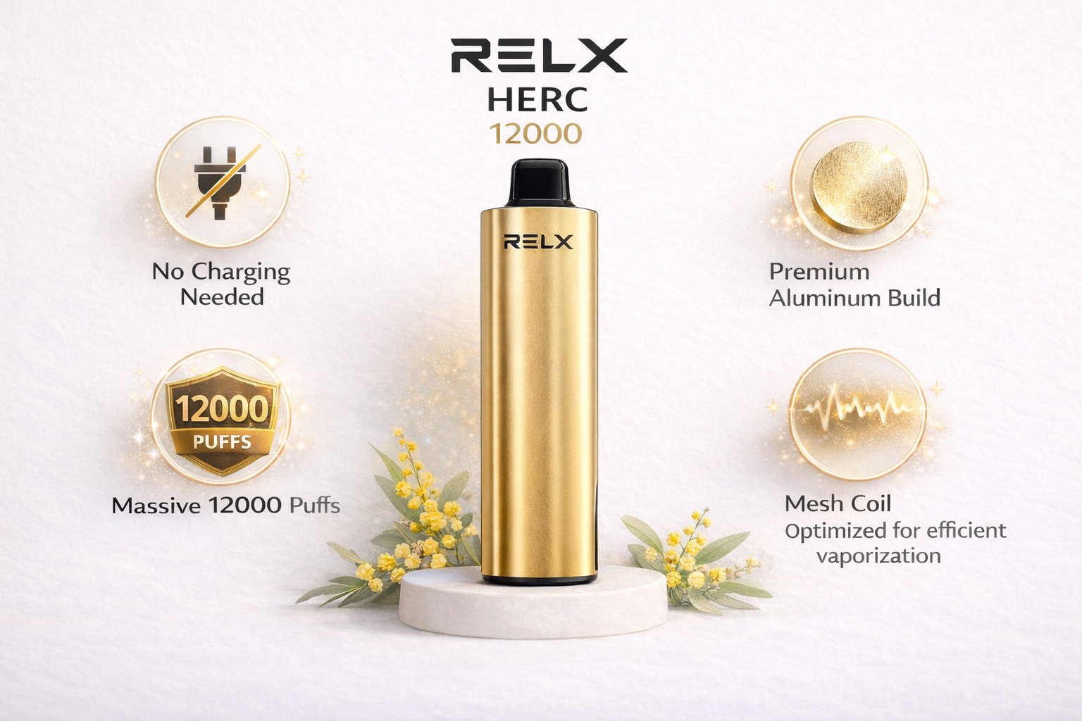 RELX HERC 12000 premium disposable device with feature callouts showing why experienced vapers switch back: no charging, 12000 puffs, premium build, consistent flavor, smart display