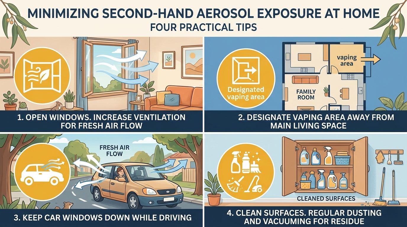 Practical home tips infographic for second-hand vape aerosol: ventilation, designated spaces, car precautions, and regular cleaning for family safety