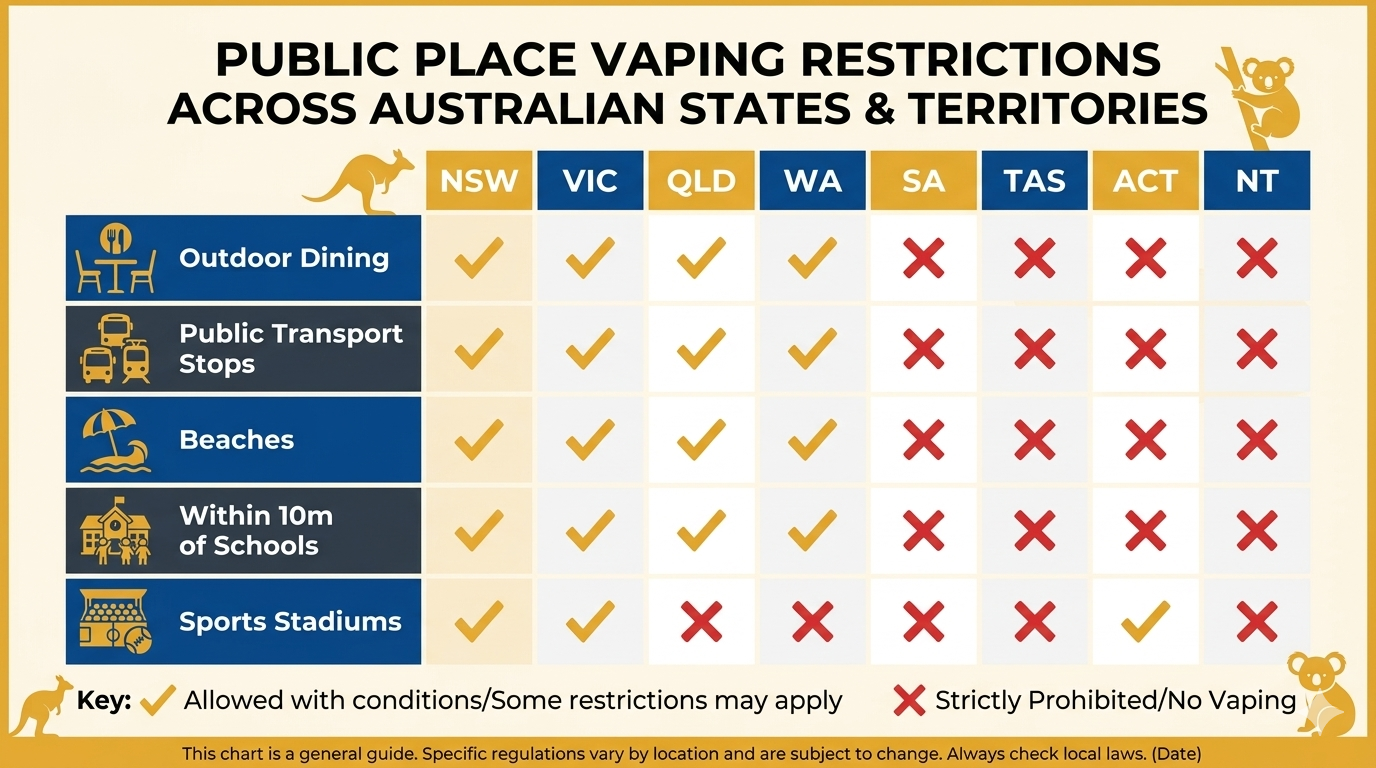 Vape public use restrictions Australia comparison chart showing where vaping is banned in each state: outdoor dining public transport beaches schools with icons