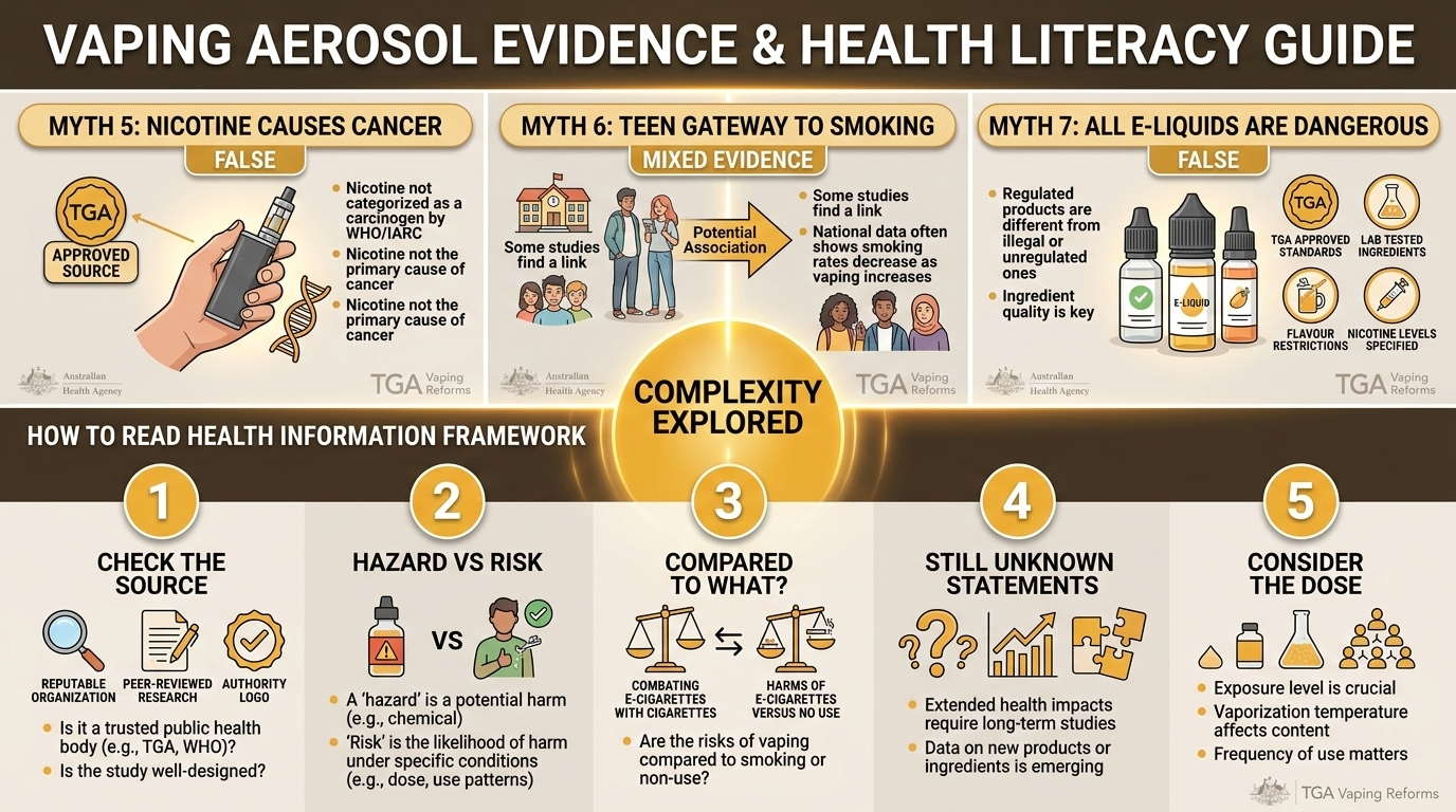 Vaping myths 5-7 explained plus health literacy guide with five steps for evaluating e-cigarette misconceptions and vaping facts vs fear