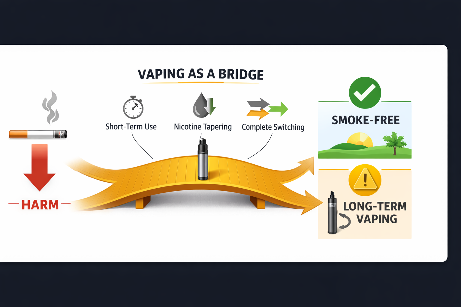 Visual journey showing vaping for smoking cessation as transitional tool with pathways to smoke-free or long-term vaping outcomes