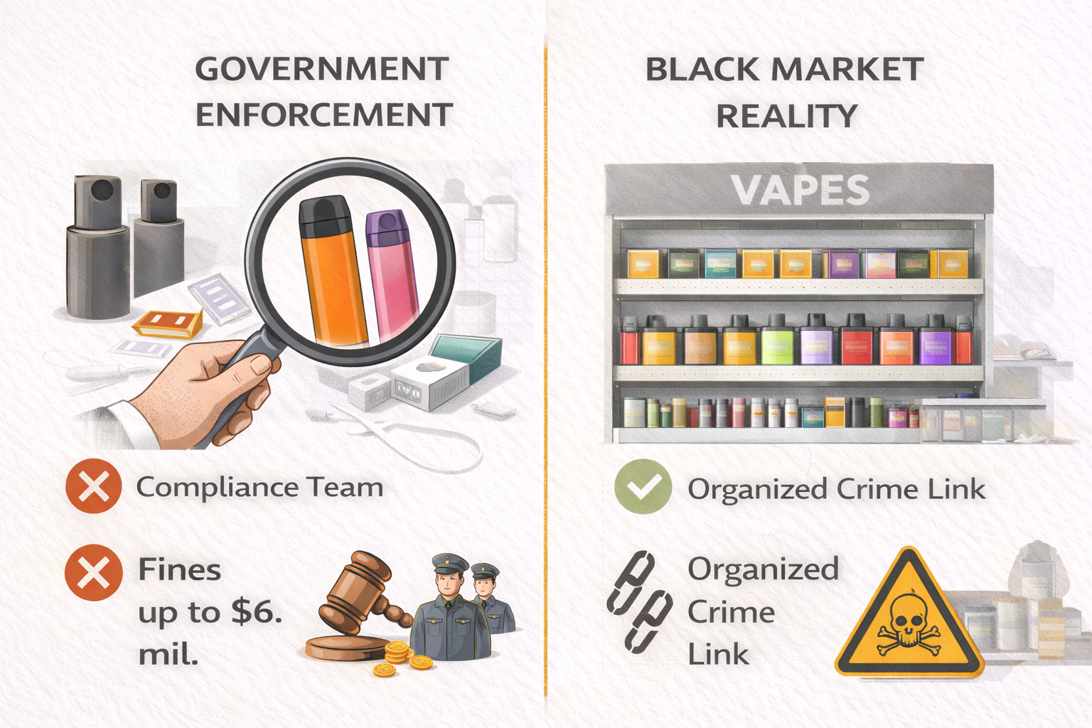 Illustration showing TGA enforcement targeting illegal suppliers and black market risks including organized crime and unknown chemicals in illicit vapes