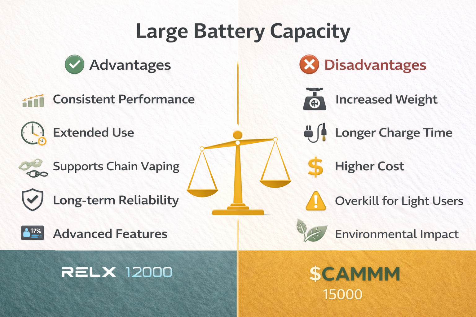 Visual guide to pros and cons of large batteries in the battery size vs flavour debate: consistent performance versus increased weight and longer charge times