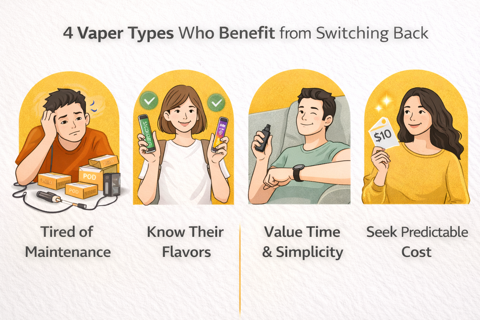 Four character types showing who should consider switching back to disposables: those tired of maintenance, who know their flavors, value time, and seek predictable cost