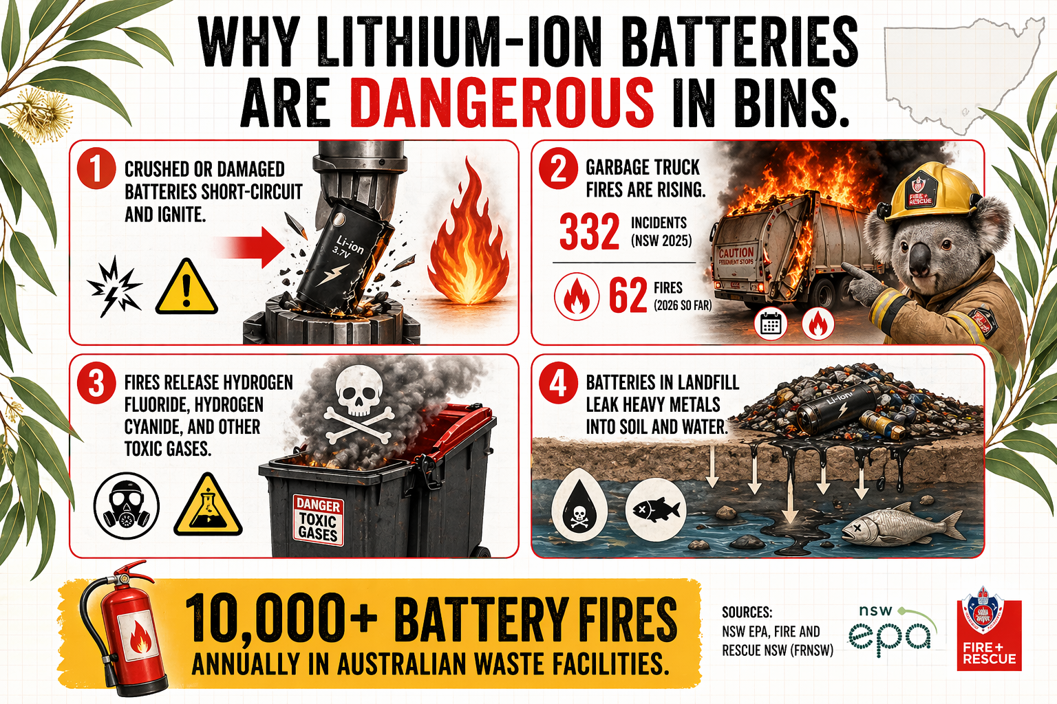 Infographic showing lithium-ion battery hazards: crushed/damaged battery entering thermal runaway, fire in garbage truck, toxic gas release, and landfill contamination. Fire statistics from NSW EPA and FRNSW displayed as callouts.