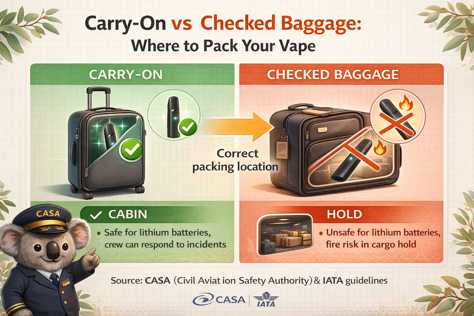 Split diagram comparing carry-on baggage (green) with vape device icon and checkmark, and checked baggage (red) with vape device crossed out. Fire hazard symbol on checked side. Arrows show correct packing location.