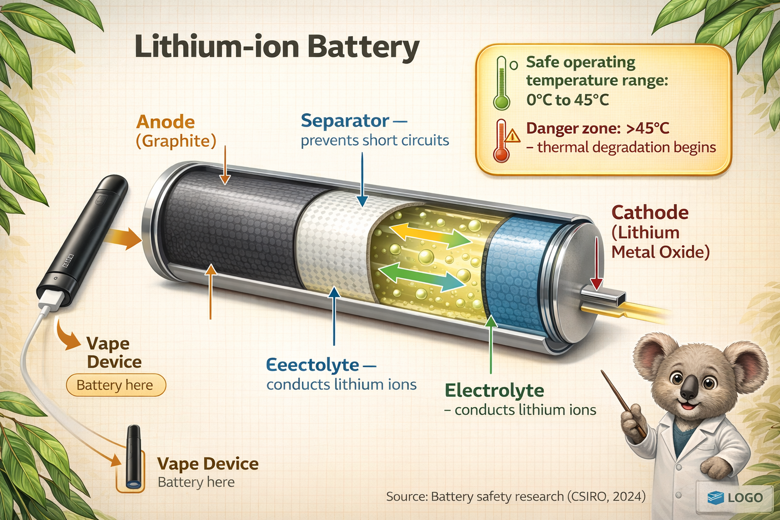 Cross-section diagram of a lithium-ion battery showing anode, cathode, separator, and electrolyte layers. Annotations show heat sensitivity and overcharging risks. RELX device battery icon with safe temperature range (0-45°C) and warning zone (>45°C).