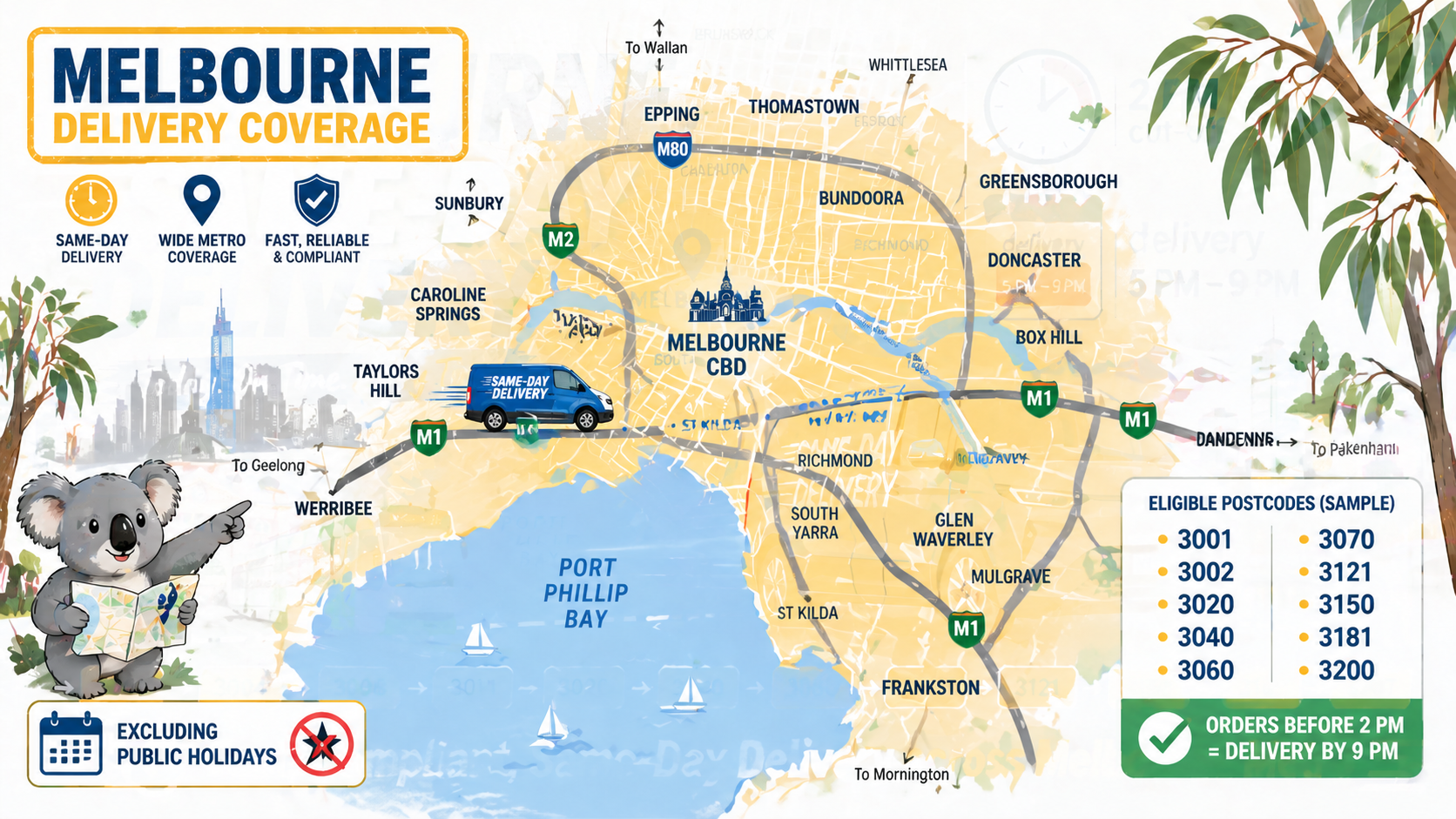Map of Melbourne with highlighted metro regions and a van icon moving across the CBD, south‑eastern suburbs, and western corridor. Table showing sample postcodes and cut‑off times.