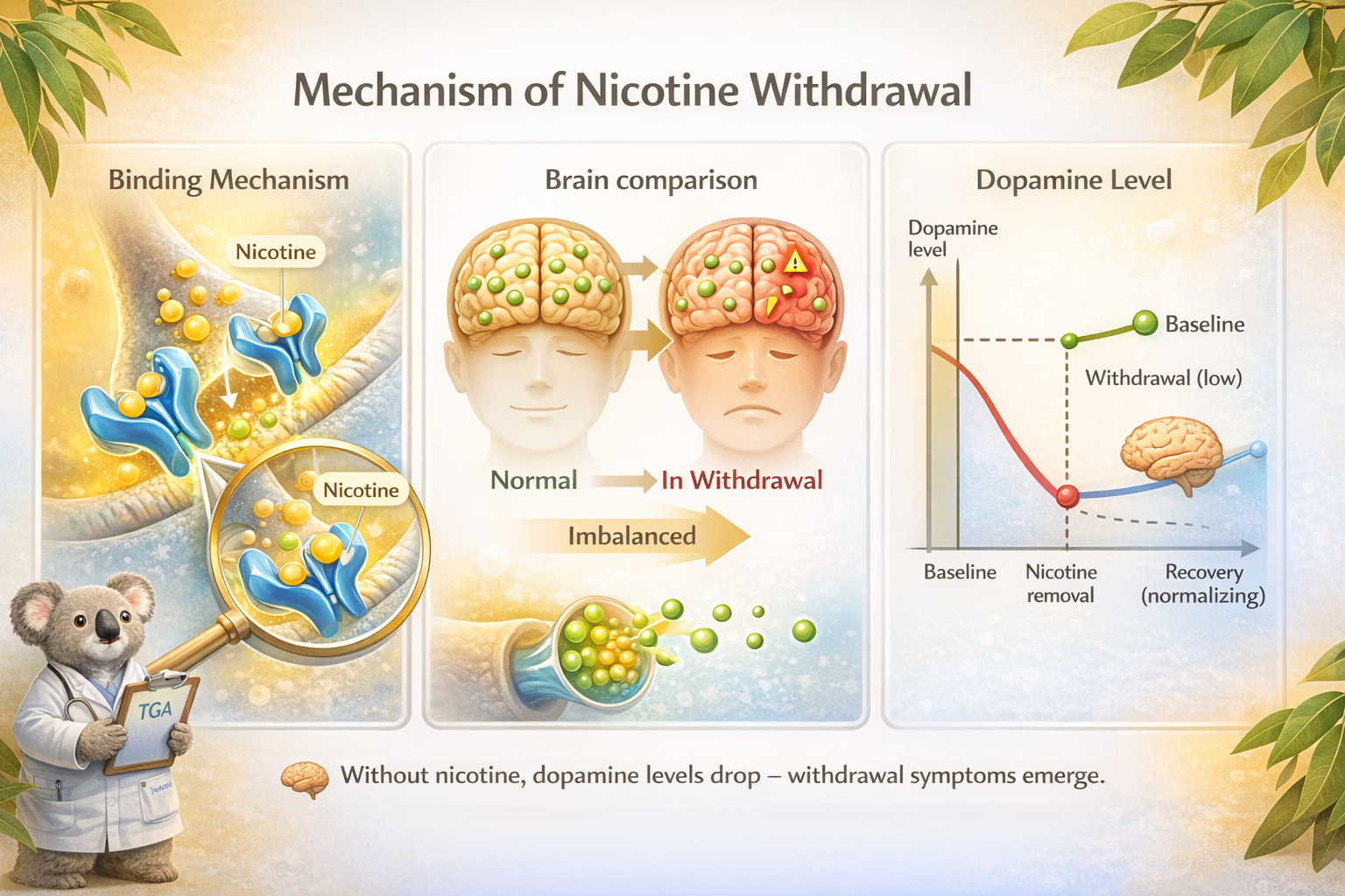 Brain diagram showing nicotine binding to nicotinic acetylcholine receptors, triggering dopamine release. Before quitting: high dopamine. During withdrawal: low dopamine, causing symptoms. After recovery: dopamine normalises.
