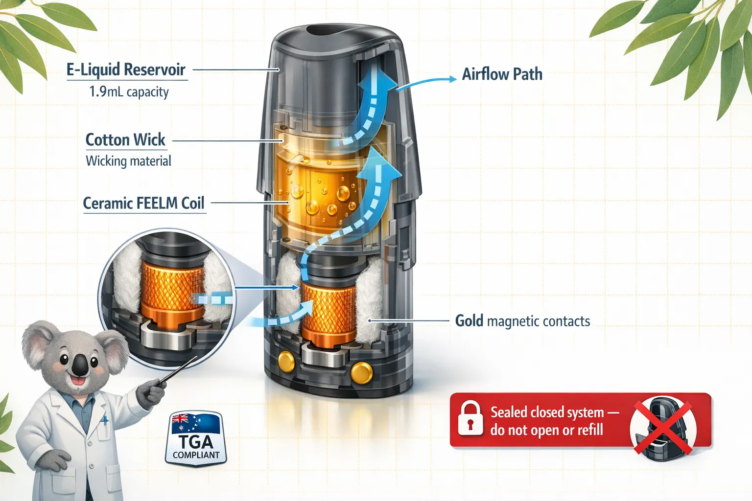 Cross-section of a RELX pod showing the e‑liquid chamber (1.9mL), ceramic FEELM coil, cotton wick, mouthpiece, and bottom magnetic contacts. Labels indicate sealed construction and that the pod is non‑refillable.