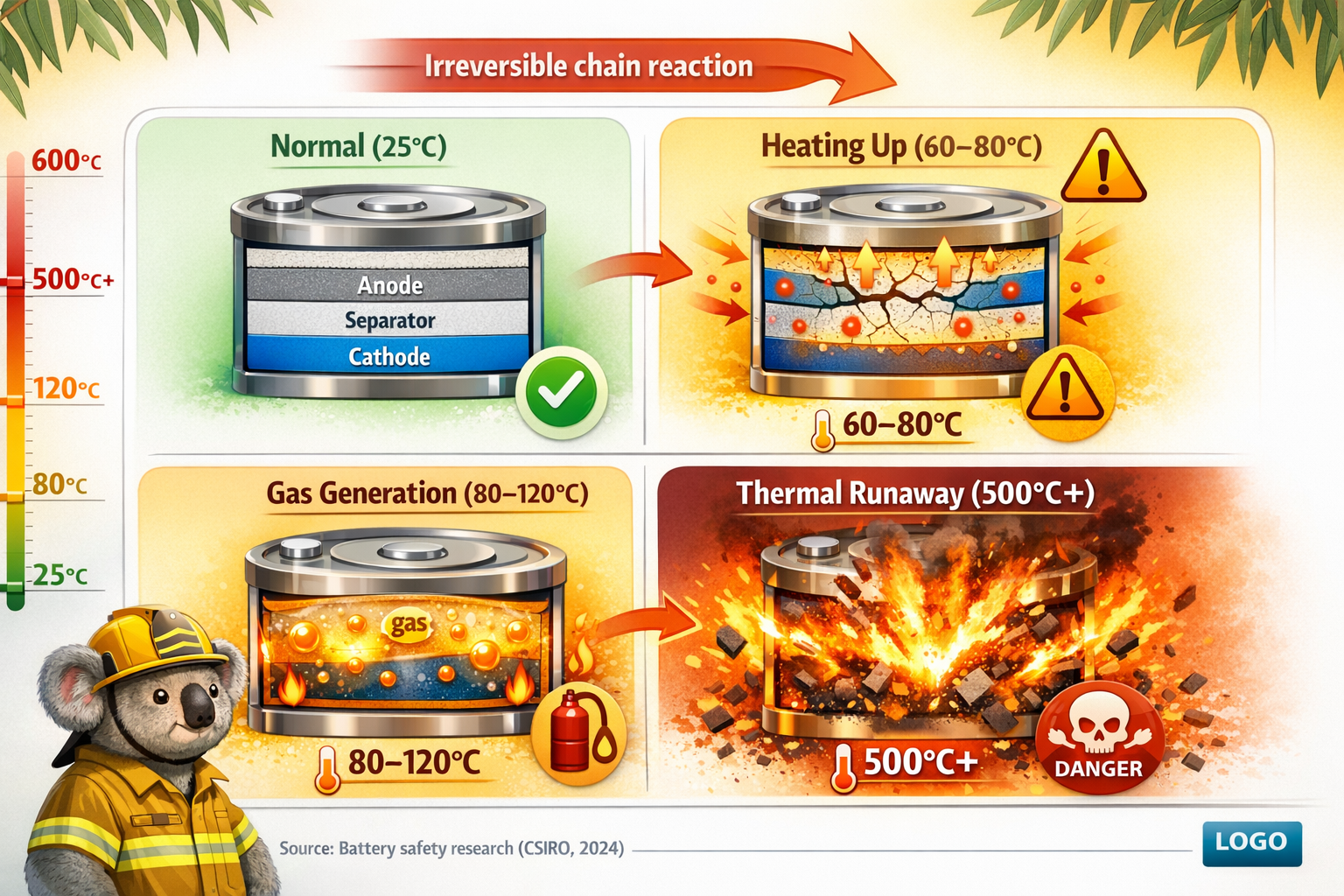 Thermal runaway diagram showing the chain reaction inside a lithium-ion battery exposed to heat. Four panels: Normal (stable layers), Initial heating (temperature rises), Gas generation (flammable gases form), Thermal runaway (fire and explosion). Temperature scale from 25°C to 500°C.