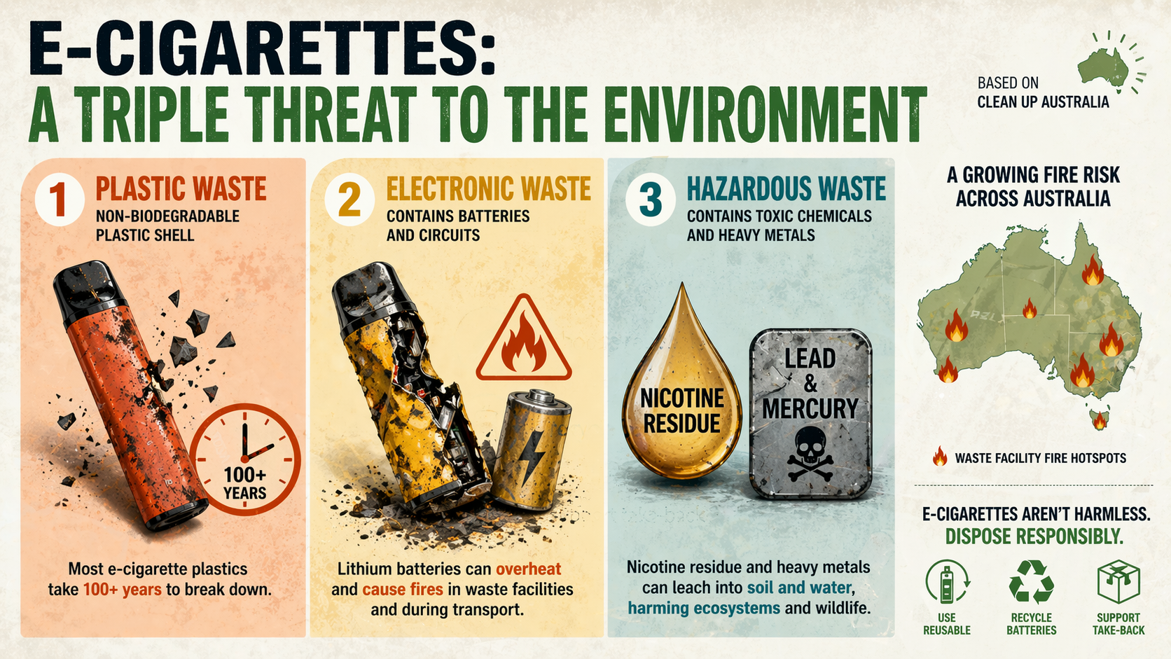 Infographic showing Clean Up Australia’s ‘triple threat’ concept: plastic waste (non‑biodegradable casing), electronic waste (battery and circuit board), hazardous waste (nicotine / heavy metals). Icons and data callouts add clarity.