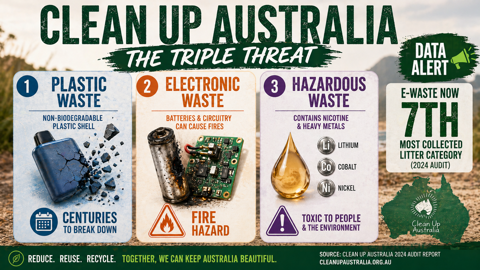Infographic showing Clean Up Australia's 'triple threat' concept: plastic waste (non‑biodegradable shells), electronic waste (batteries and circuit boards), and hazardous waste (nicotine and heavy metals). Data callouts for each threat category.