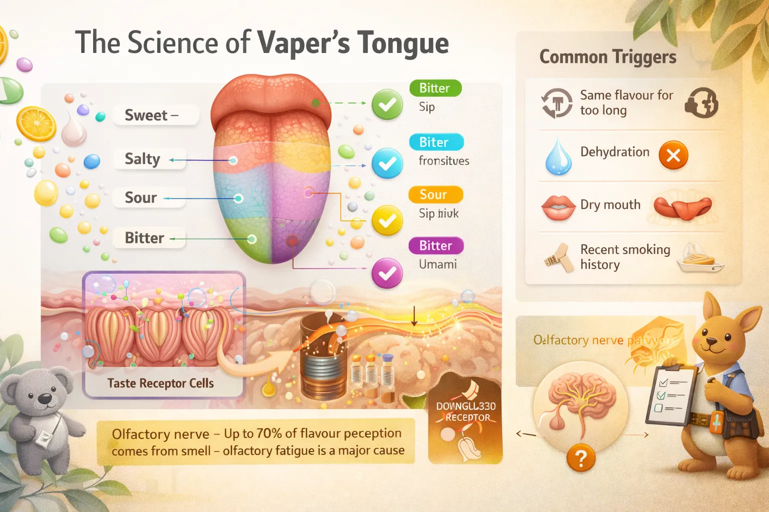 Scientific diagram of taste buds on the tongue, showing olfactory nerve connection to brain. Cross-section of tongue highlighting taste receptor cells. Callout box explains: 'Up to 70% of flavour perception comes from smell—olfactory fatigue is a major cause.'