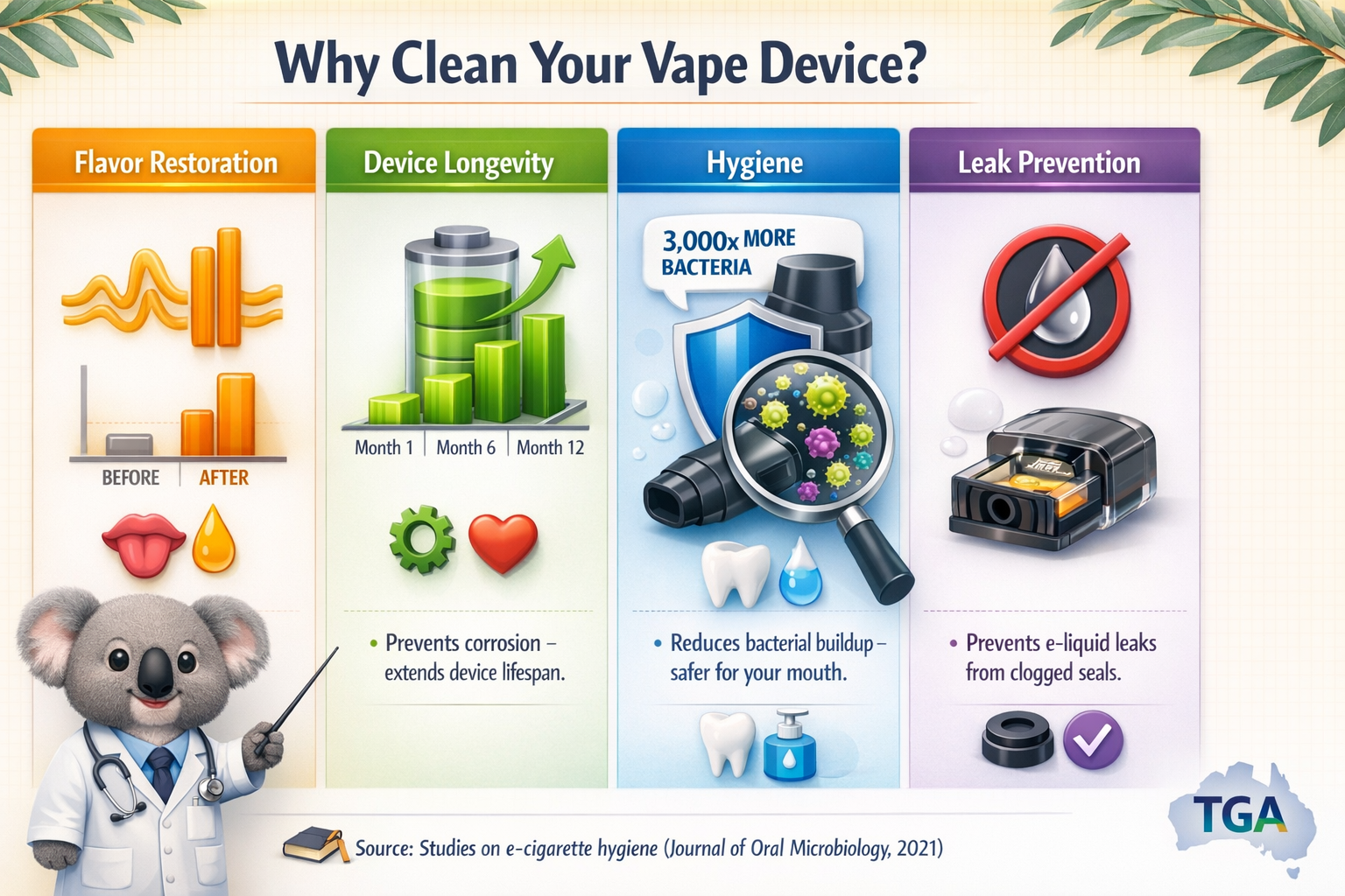 Infographic showing four reasons to clean your vape: Flavor Restoration (flavor wave icon), Device Longevity (battery icon), Hygiene (shield icon), Leak Prevention (droplet with line). Data callout: 'Mouthpieces can harbor 3,000x more bacteria than a toilet seat.'