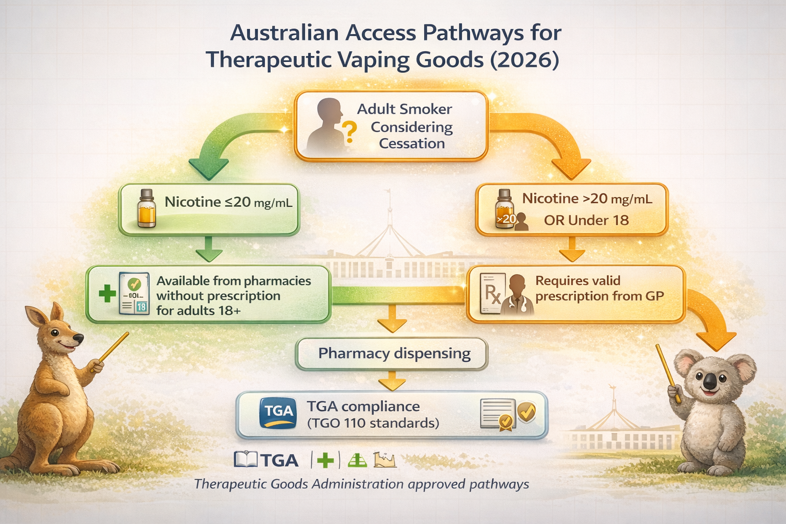 Flowchart showing Australian access pathways for therapeutic vaping goods: Adults 18+ can access ≤20mg/mL from pharmacies without prescription; >20mg/mL or under‑18 requires prescription. TGA compliance and pharmacy supply chain shown.