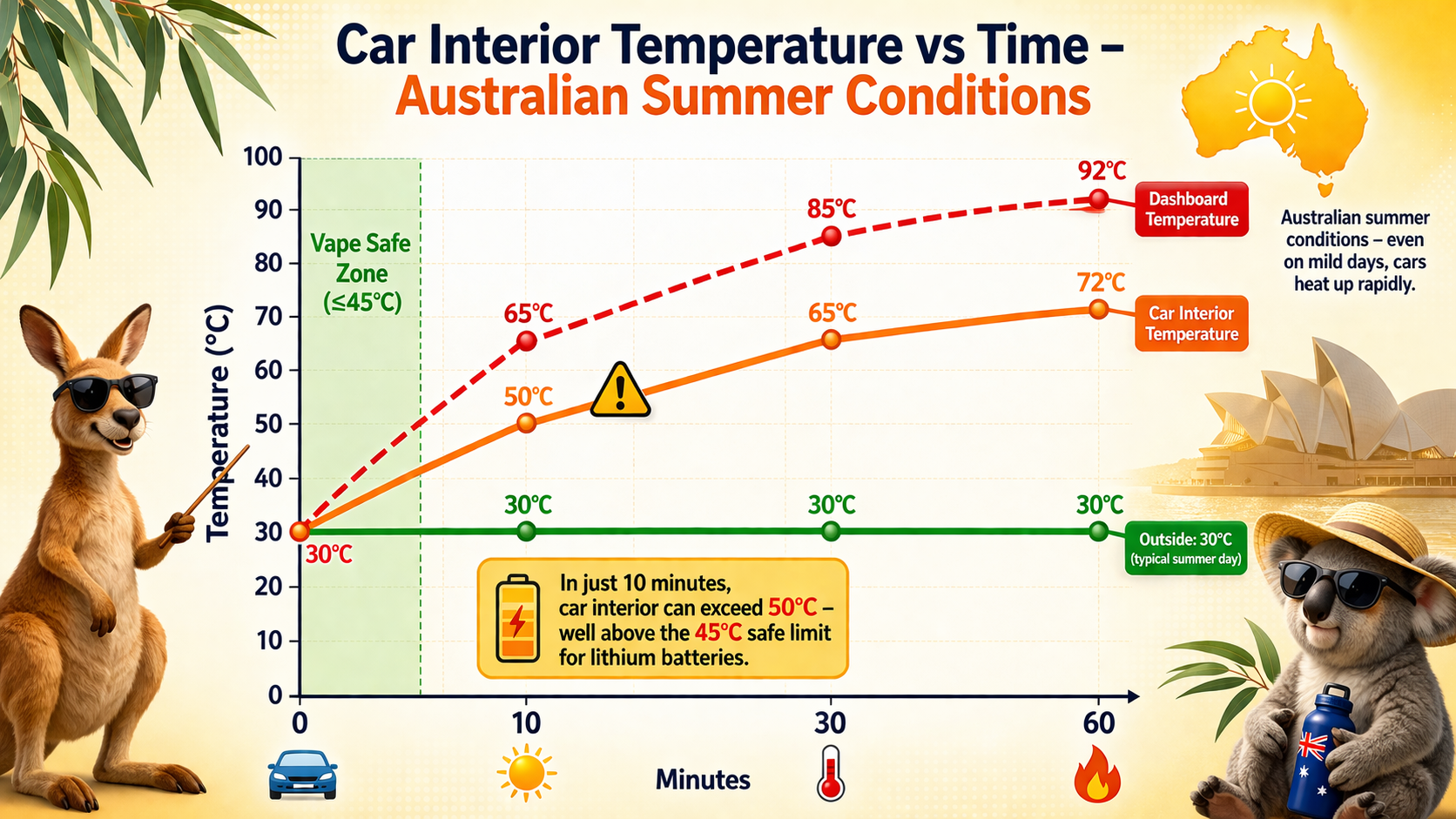 Comparison chart showing outside temperature (30°C) vs car interior temperature after 10, 30, and 60 minutes. Line graph rising from 30°C to 50°C at 10 min, 65°C at 30 min, 72°C at 60 min. Vape safe zone marked at 45°C with warning icon.