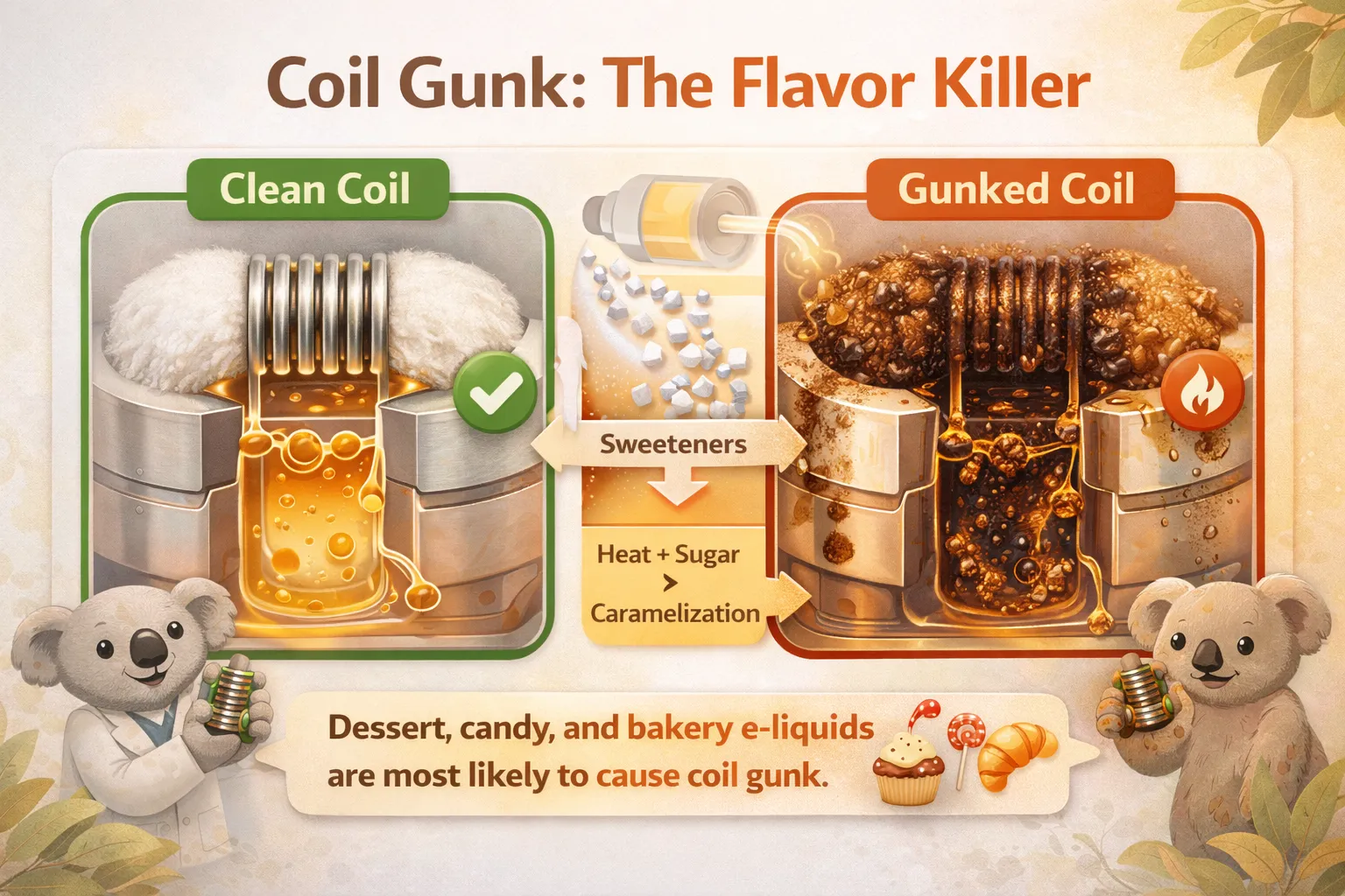 Close-up cross-section of a vape coil showing clean coil vs gunked coil. Caramelised residue from sweetened e-liquids visible on the heating element. Cotton wick comparison: fresh white cotton vs burnt brown cotton.