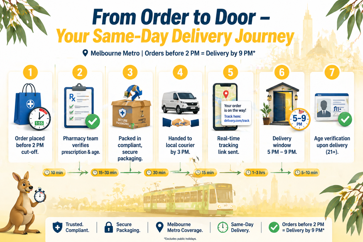 Timeline infographic showing steps: order placed before 2 PM → pharmacist checks compliance → order packed → handed to courier → tracking SMS sent → delivery between 5 PM and 9 PM.