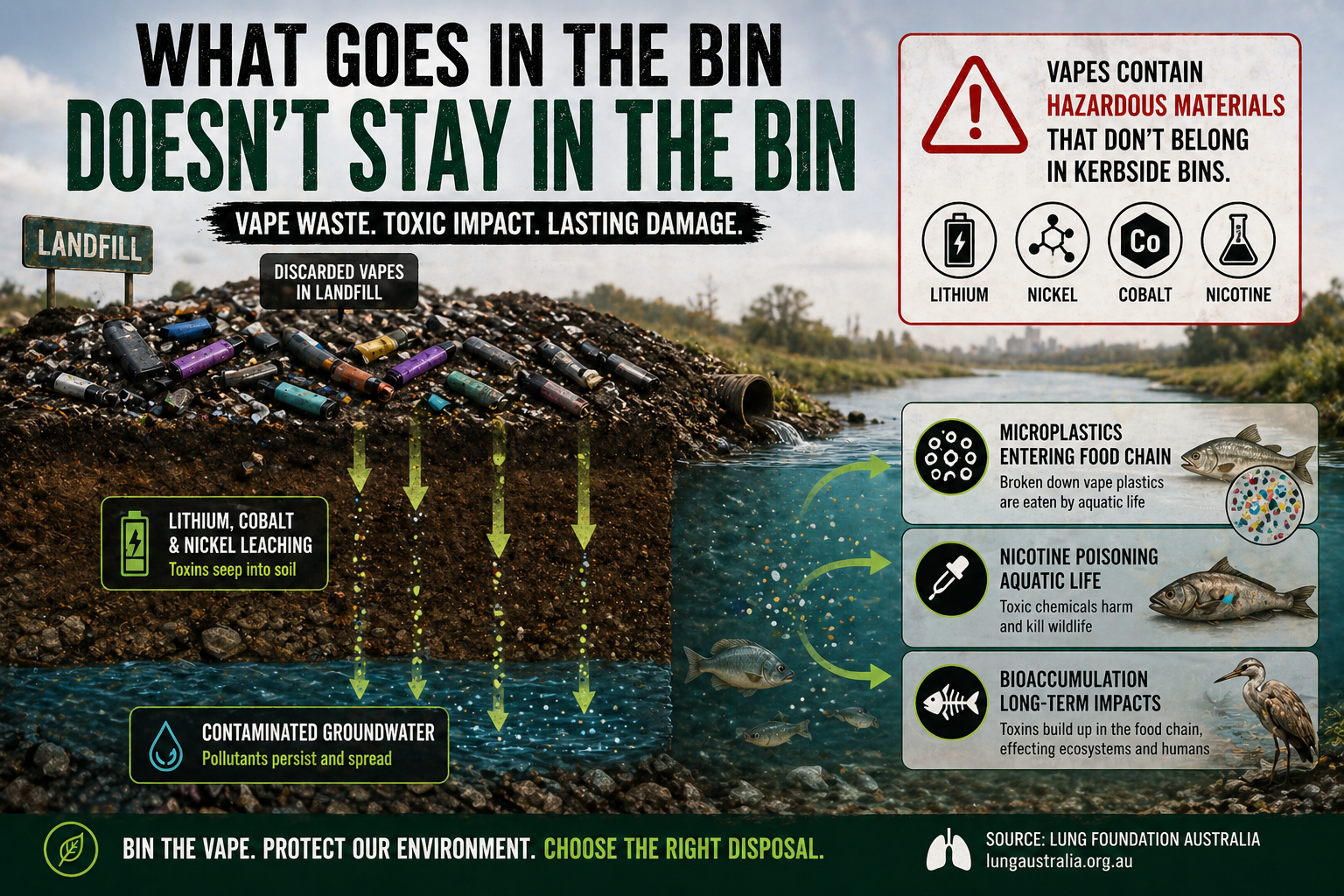 Diagram showing the journey of vape waste from landfill to environmental damage: lithium, cobalt, nickel leaching into soil, microplastics entering waterways, nicotine poisoning aquatic life. Arrows show contamination pathways.