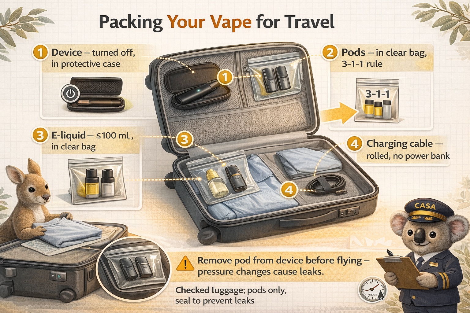 Visual packing guide showing a carry-on suitcase with labeled sections: vape device in protective case, pods in a clear quart-size resealable bag, e-liquid bottles ≤100 mL in same bag, charging cables. Checked bag section shows sealed pods in zip bag.