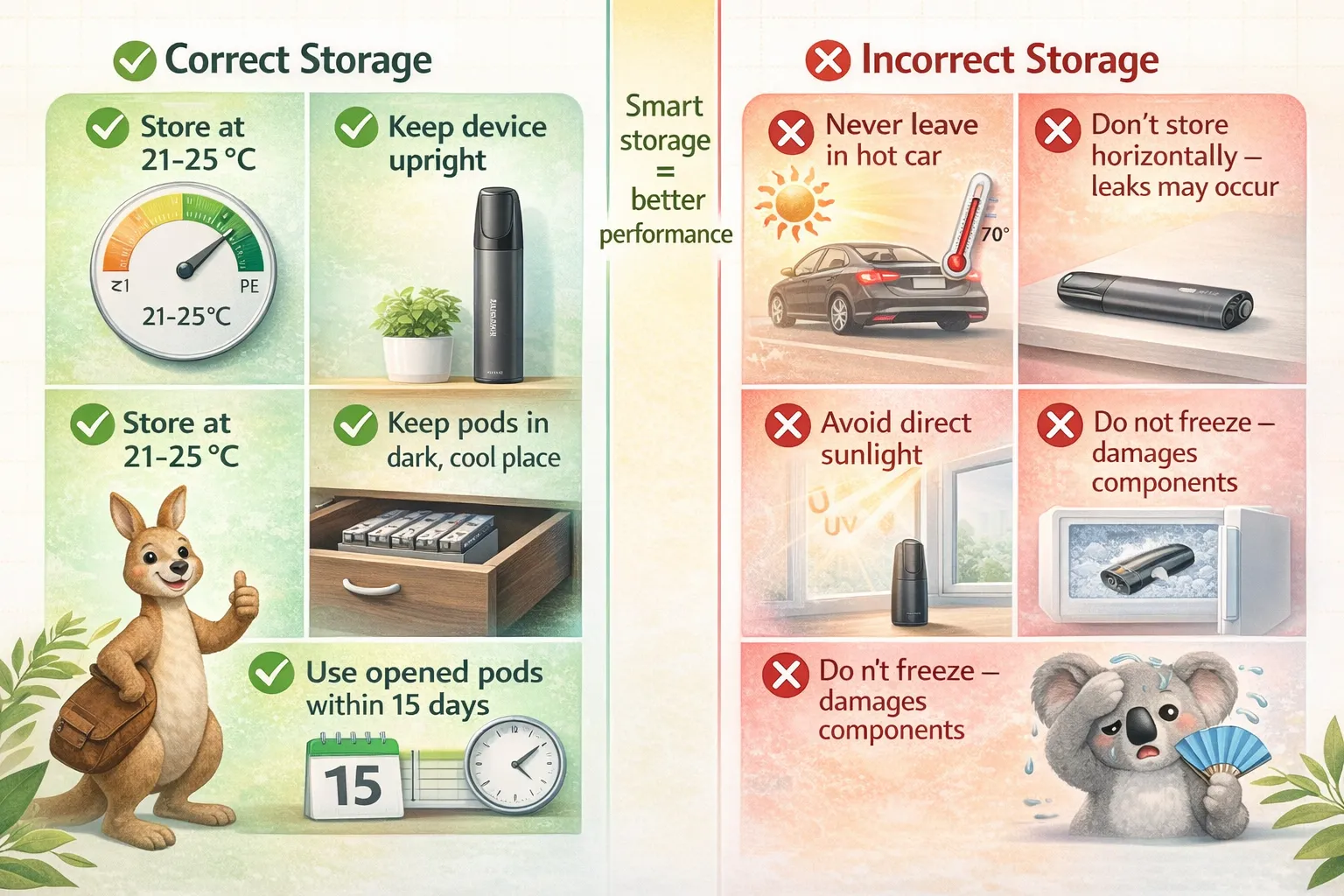 Side‑by‑side comparison: correct storage (room temperature, upright device, dark drawer, 15‑day use) versus incorrect storage (hot car, direct sunlight, lying flat, freezer). Clear checkmarks and X marks.