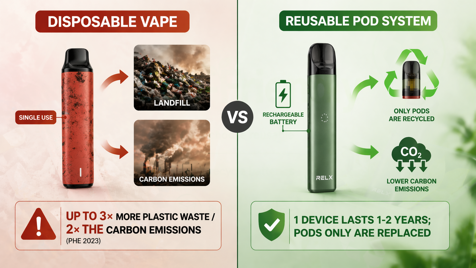 Side‑by‑side comparison of a disposable vape (single use, wrapped in hazard symbols) and a rechargeable pod system (reusable battery symbol, recyclable pod icon). Carbon and waste reduction arrows highlight the environmental benefits of switching to reusable devices.