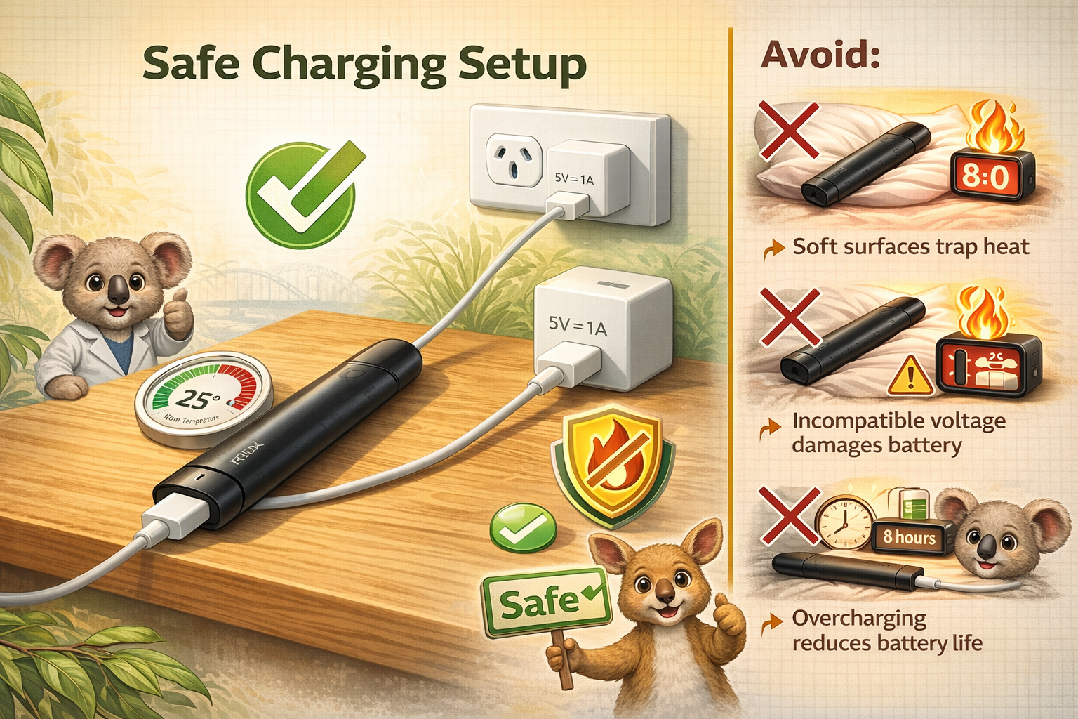 Visual guide showing correct charging setup: RELX device connected to official USB-C cable on a hard flat desk surface, with temperature icon (25°C) and checkmark. Side panel shows incorrect setups crossed out: charging on a bed, using a phone fast-charger, charging overnight with alarm clock icon, charging on soft carpet.