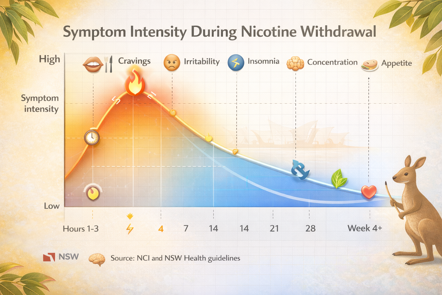Line graph showing symptom intensity over time: spikes from hours 0-72 (peak at days 2-3), then declines over weeks 1-4. Labels for each phase with symptom icons (cravings, irritability, insomnia, concentration issues, appetite increase).