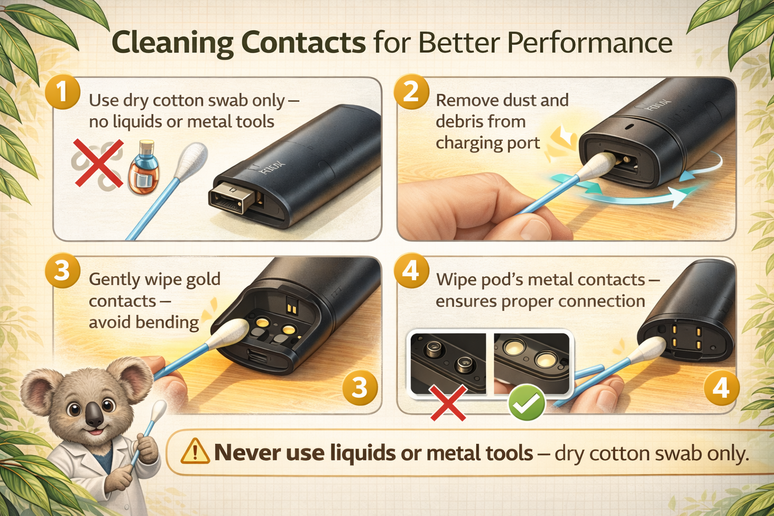 Step-by-step diagram showing: 1) Dry cotton swab, 2) Cleaning charging port at bottom of device, 3) Cleaning pod slot magnetic contacts, 4) Wiping pod bottom contacts. Callout: 'Do not use liquids or metal tools.' Before/after comparison of dirty vs clean contacts.