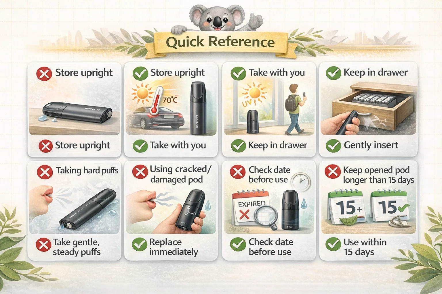 Infographic showing 8 common RELX pod mistakes with red X symbols: storing horizontally, leaving in hot car, direct sunlight, squeezing mouthpiece, hard puffs, using damaged pods, ignoring expiry, storing opened pods too long. Each paired with a green checkmark for the correct action.
