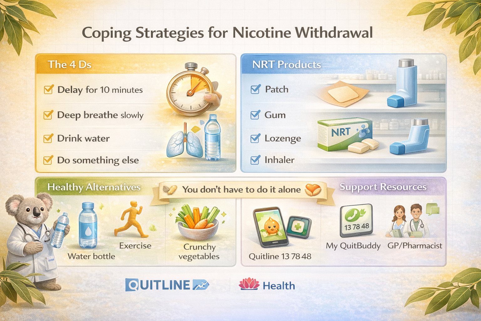 Infographic showing coping strategies for nicotine withdrawal: The 4Ds (Delay, Deep breathe, Drink water, Do something else), NRT products illustration (patch, gum, lozenge), healthy alternatives (water, exercise, crunchy vegetables), and support resources (Quitline 13 7848, My QuitBuddy app).