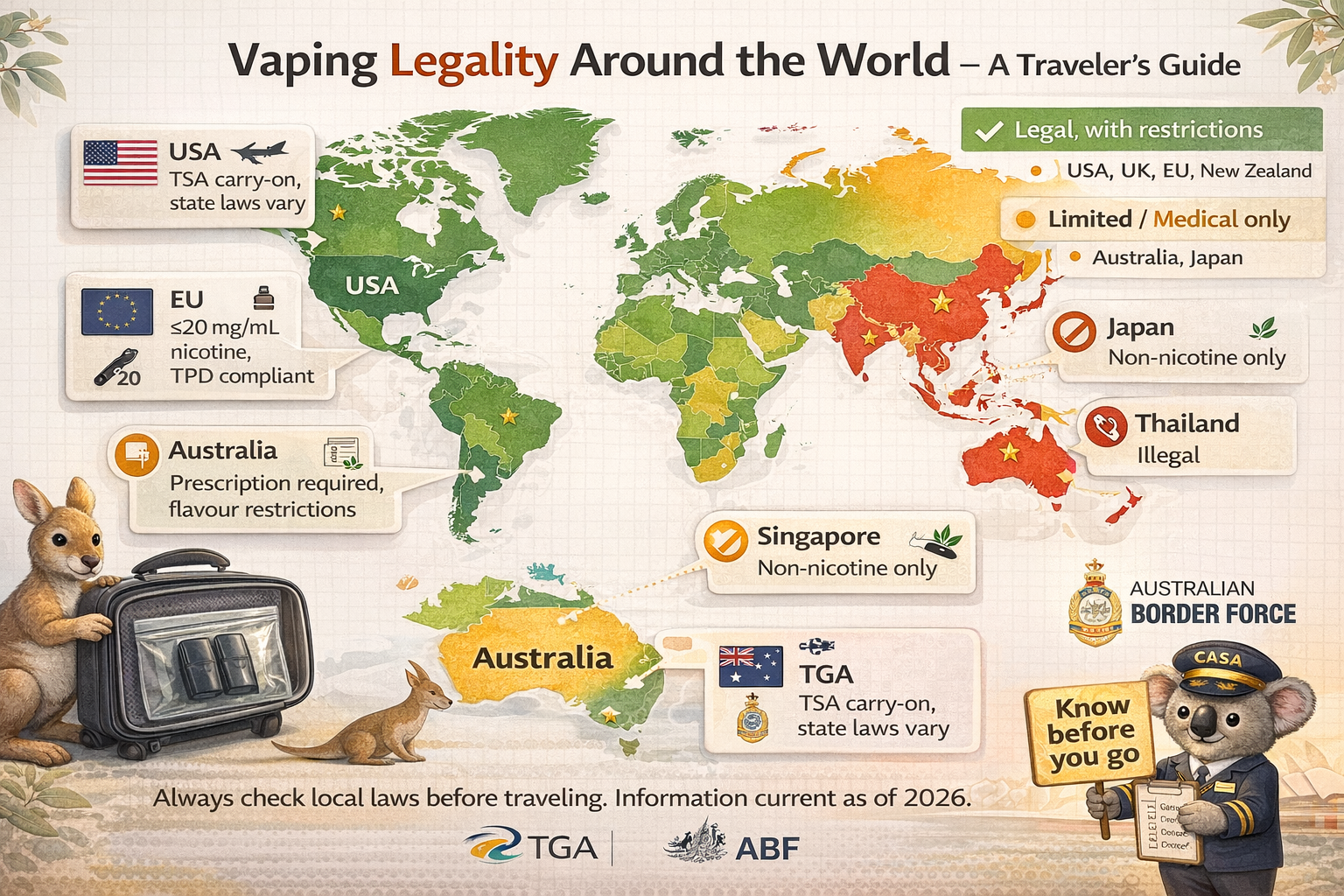 World map showing vaping legality by country: green for legal with restrictions, yellow for limited/medical only, red for banned. Pop-up boxes for key travel destinations (Japan, Singapore, Thailand, EU, USA, UK, Australia) with specific rule summaries.