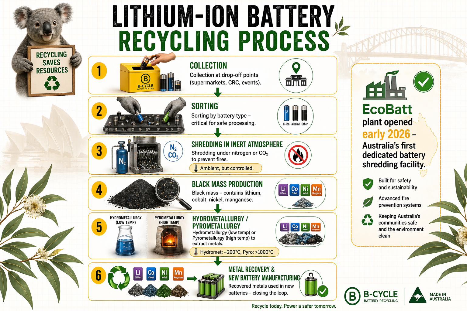 Flowchart showing lithium-ion battery recycling process: Collection → Sorting → Shredding (inert atmosphere) → Black mass → Hydrometallurgy/Pyrometallurgy → Metal recovery → New battery manufacturing. EcoBatt plant opening noted.