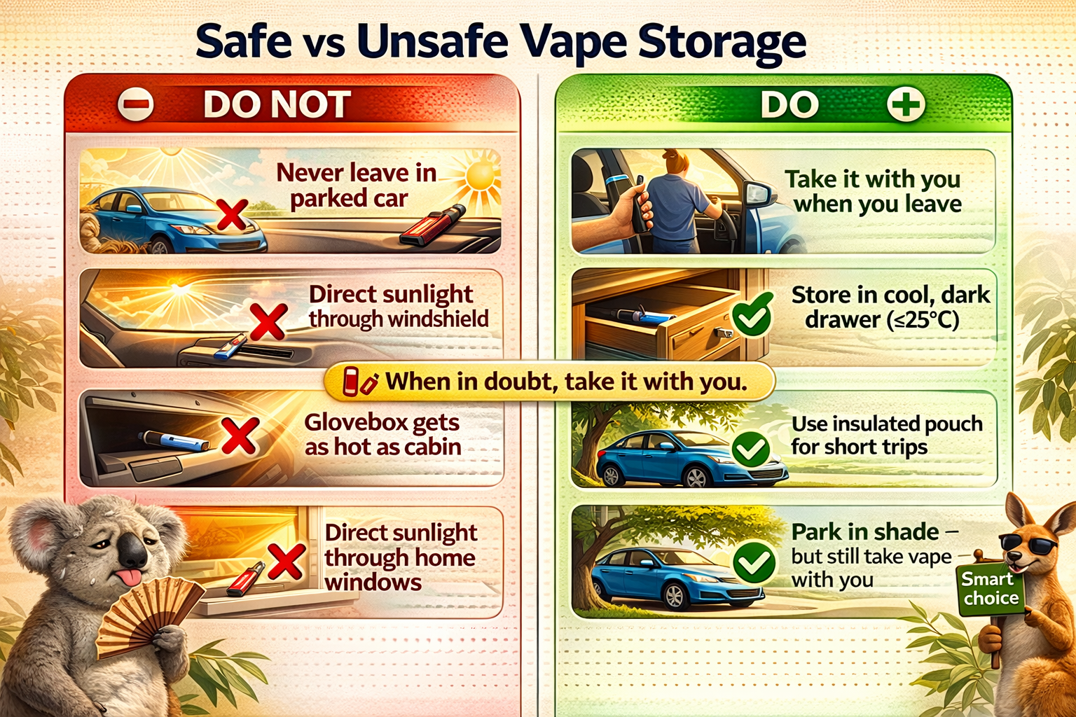 Safe vs unsafe storage infographic: left panel shows 'DO NOT' with car under sun, dashboard, glovebox, direct sunlight at home. Right panel shows 'DO' with taking device when exiting car, room temperature storage in drawer, insulated travel pouch, shaded parking.