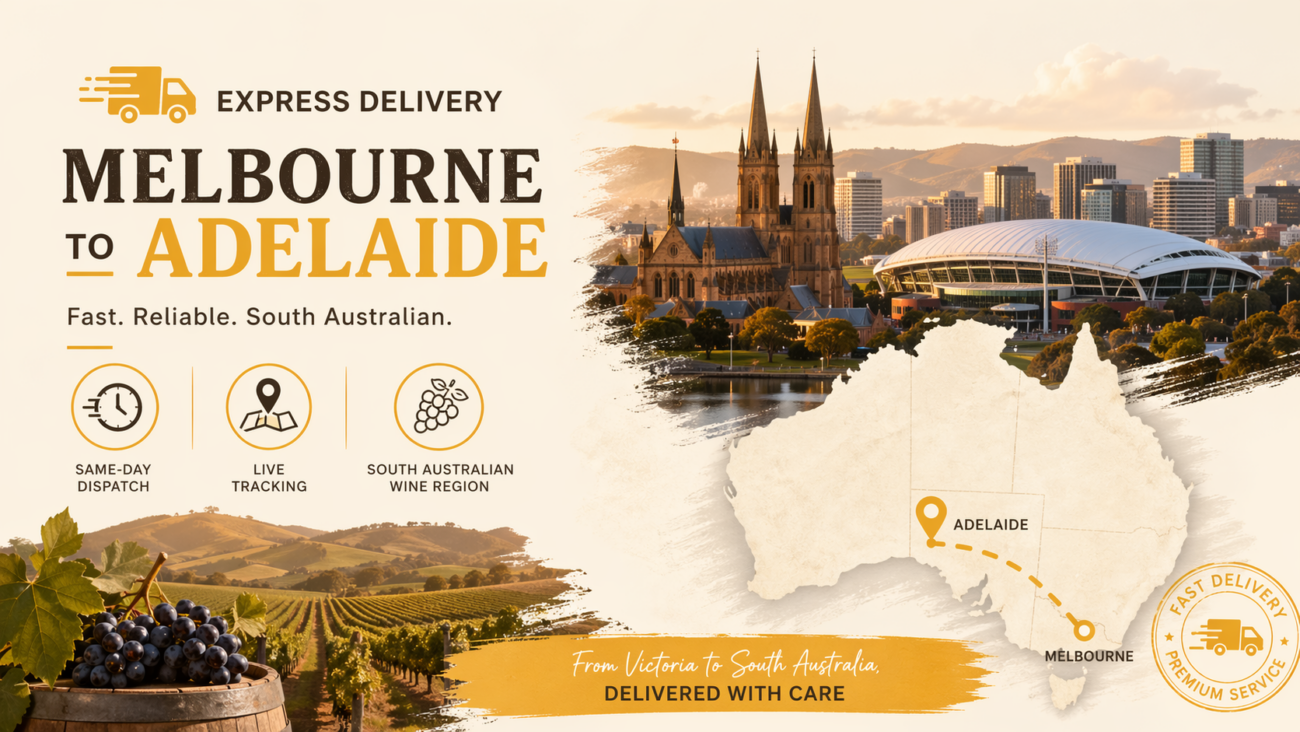 Banner showing Adelaide vape delivery express shipping from Melbourne with map route and delivery icons for fast Adelaide vape delivery