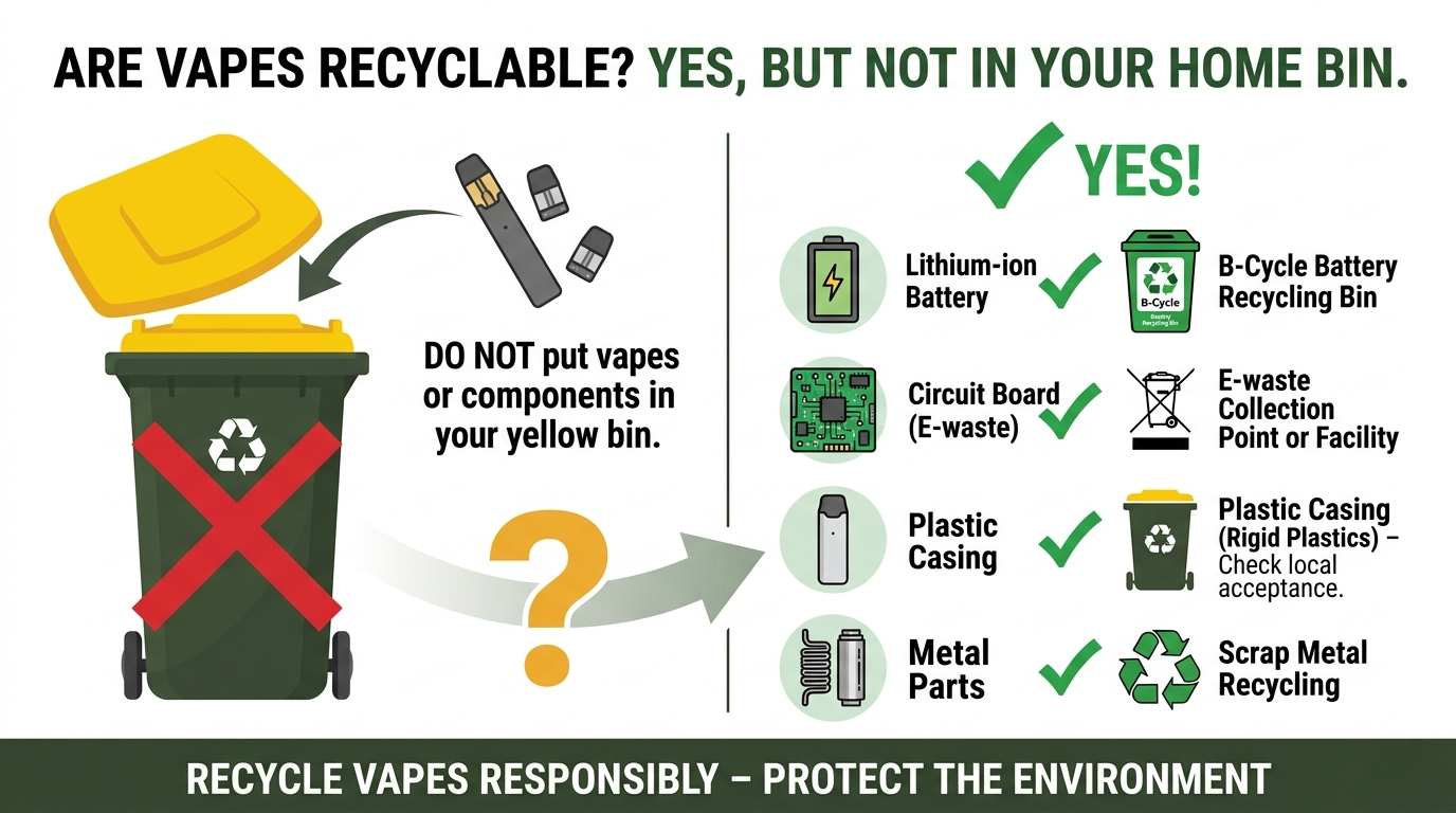 Banner answering are vapes recyclable Australia with YES showing proper recycling pathways for batteries, circuit boards, and plastic components